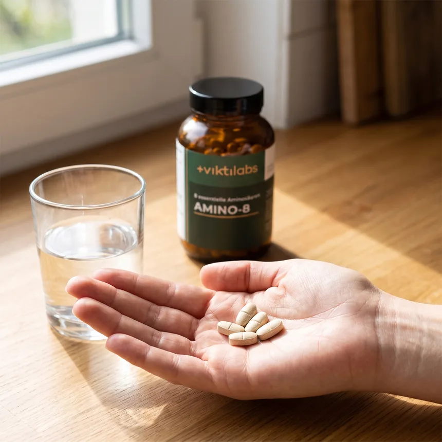 Amino 8 Presslinge mit einem Glas Wasser